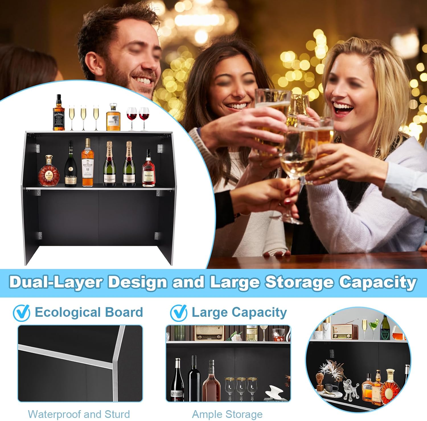 Portable Folding Event Bar, Mobile Bartender Station with Top and Middle Shelves, Mobile Foldable Bar Cabinet for Parties, Events, and Home Use (Black and White)