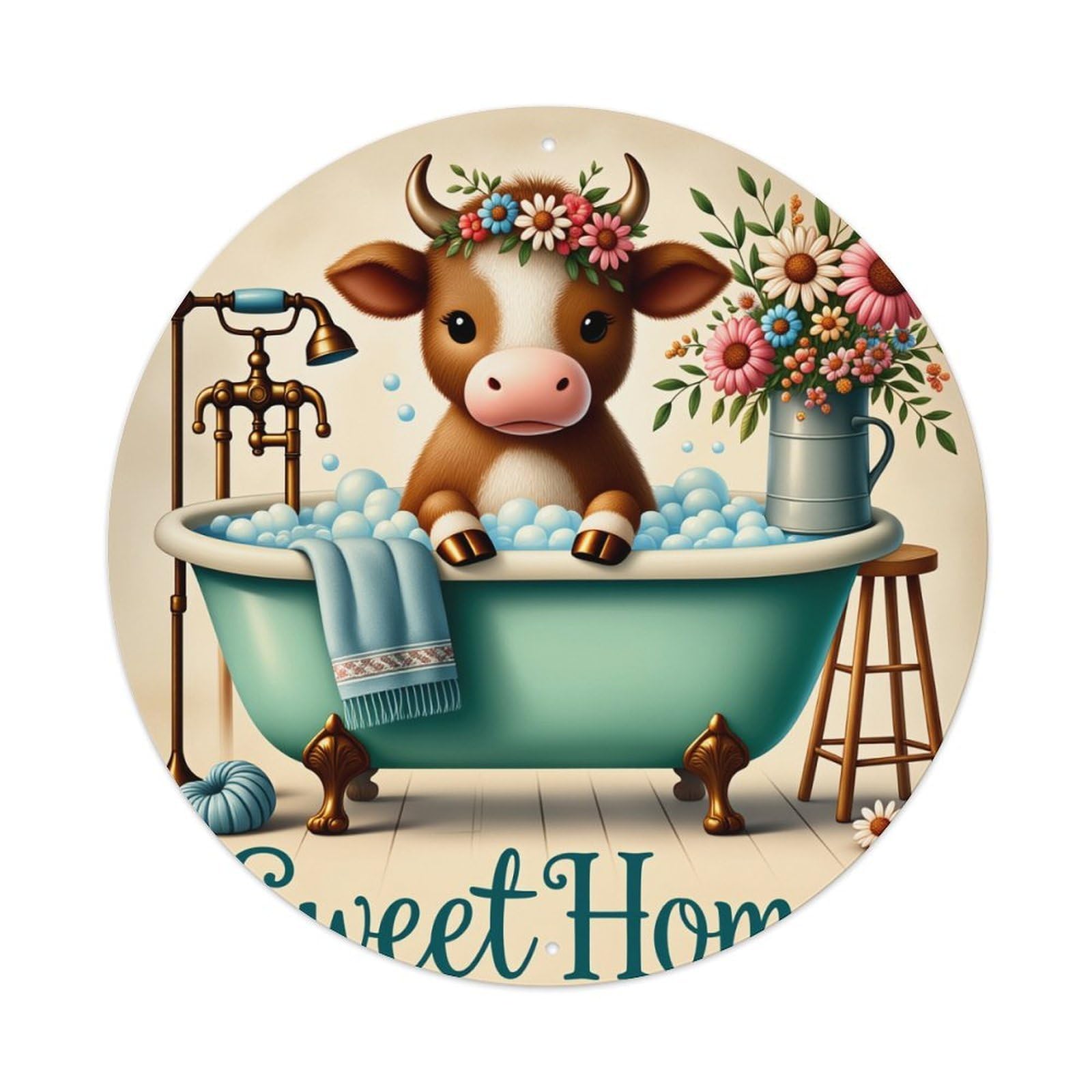 Cute Cow Bathing With Flowers Round Tin Sign Vintage Metal Poster Retro Bar, Home, Man Cave, Kitchen, Laundry Room Wall Art Decor Gift 8x8Inch