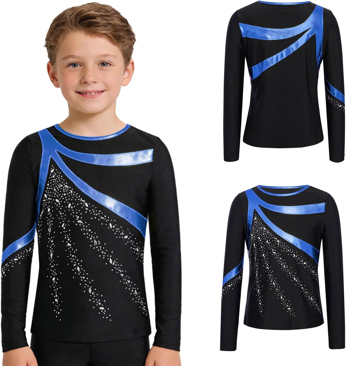 JEYPINMI Gymnastics Dance Shirts for Boys Sparkly Latin Dancing Clothes Figure Skating Tops Long Sleeve Active Tees