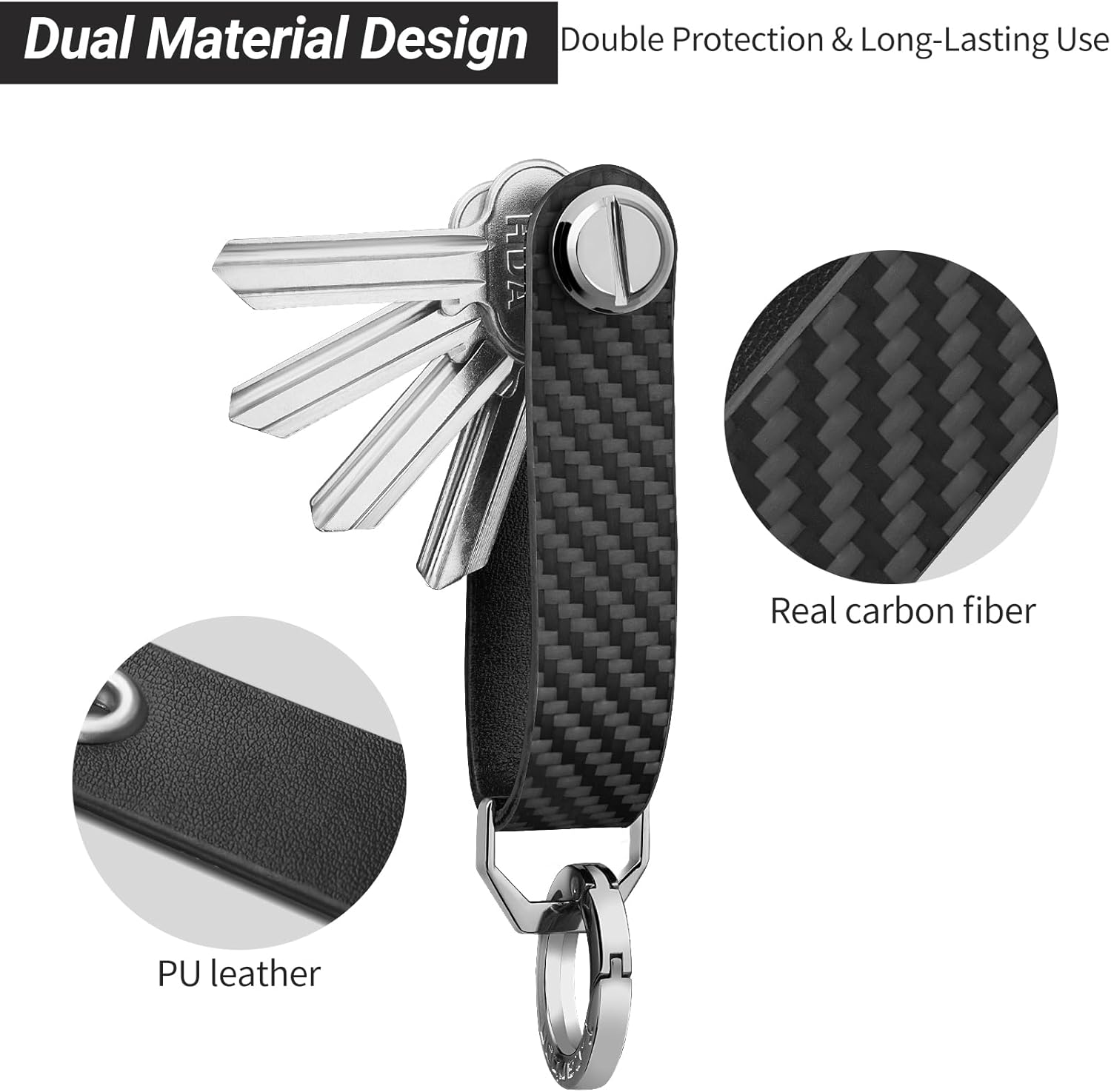 T-carbon Key Organizer, Carbon Fiber Leather Compact Key Holder, Silent Keychain, Expandable Key Case Holds Up to 8 Keys