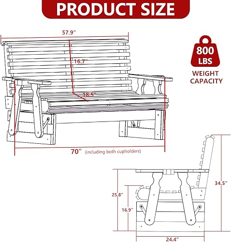 Miniatura 2 de Mecedora para exteriores de 2 plazas, mecedora de madera de 5 pies con respaldo alto enrollable, portavasos y contorno profundo para porche, jardín,