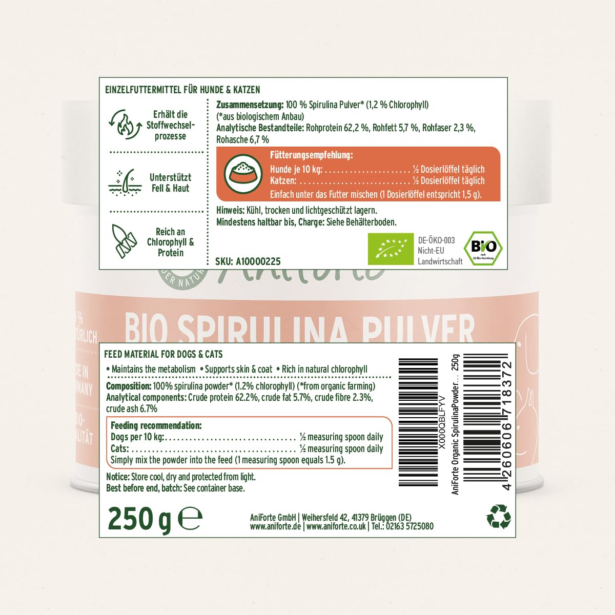 AniForte Bio Spiruline en Poudre pour Chiens et Chats 250g, Micro algues pour la Peau et Le Pelage, système immunitaire et processus métaboliques, vitamines, Biologique, testé en Laboratoire