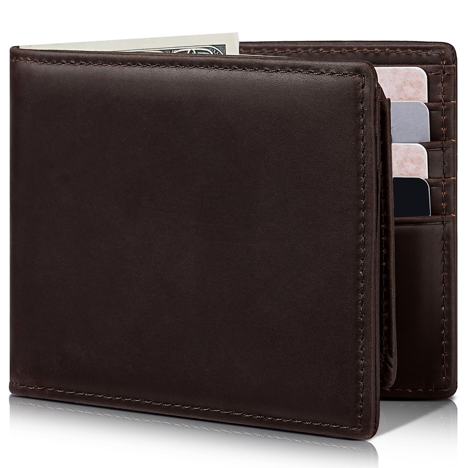 Artpaxy Mens Wallet Genuine Leather Bifold RFID Blocking Wallet for Men with 2 ID Windows 12 Card Holders 2 cash pockets 1 Gift Box