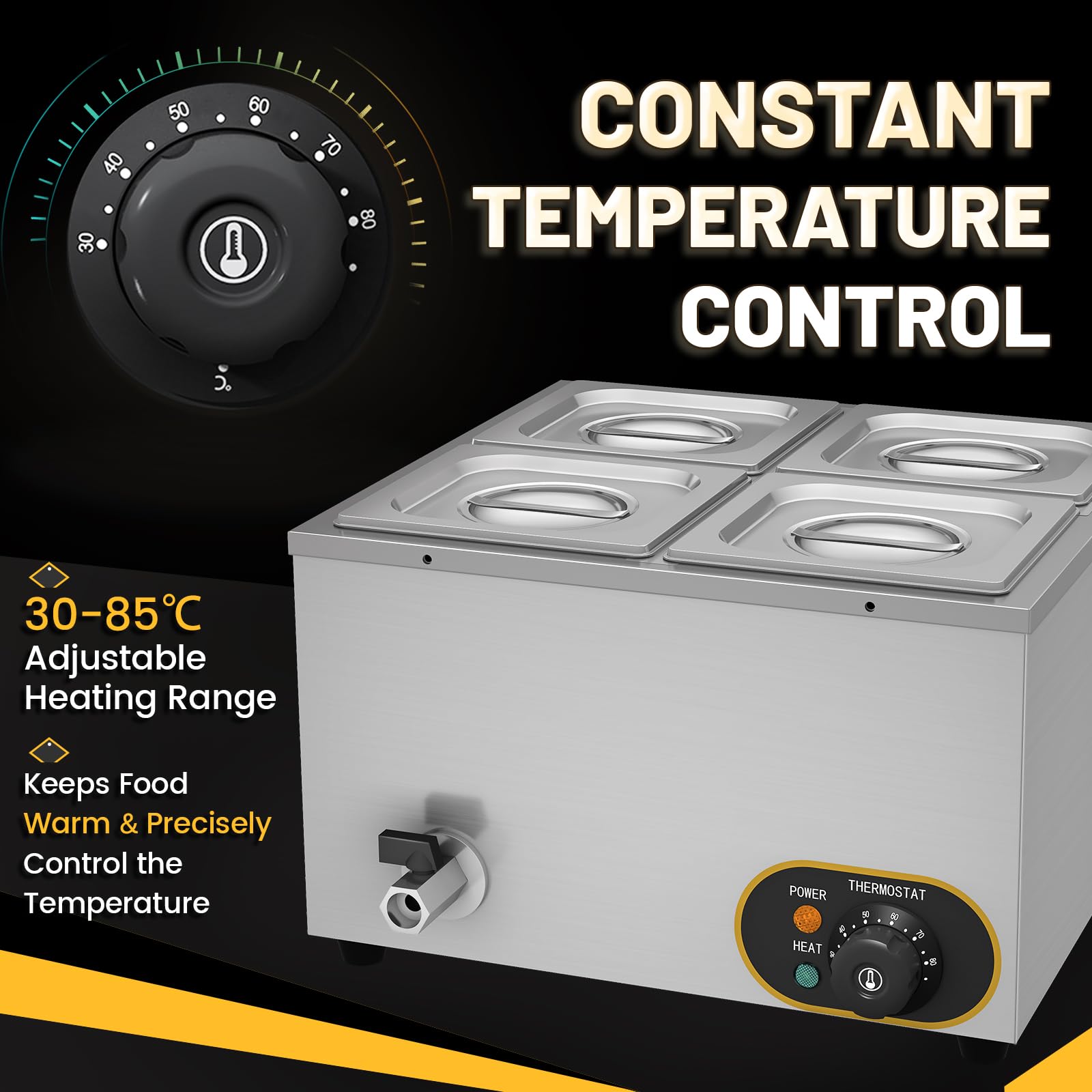 Baño Marie Eléctrico de Acero Inoxidable con Tapa, Temperatura Regulable 30°C - 85 °C (4X 1/6)