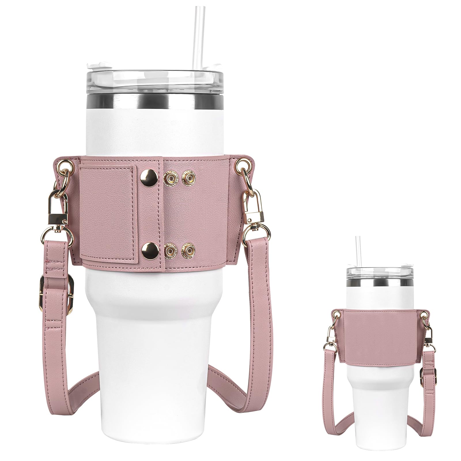 Linkidea Vegan Leather Water Bottle Carrier, Compatible with Stanley Quencher H2.0 30oz/40oz, Simple Modern 40oz Tumbler, Pink