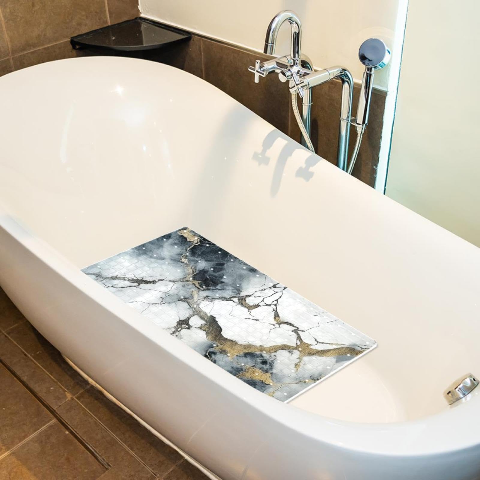 Tapis de bain à rayures marbrées transparentes pour l'intérieur de la douche, tapis de bain antidérapant et anti-moisissure en PVC pour salle de bain zones de douche humides (38,5 x 68 cm)