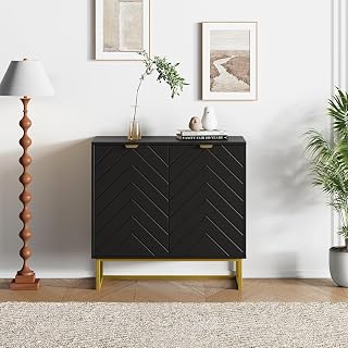 Garvee 31.5 in Modern Sideboard Buffet Cabinet with Storage, Wood Accent Storage Cabinet with Herringbone Doors & Shelf, Credenza Console Table for Dining Room Living Room Entryway, Black