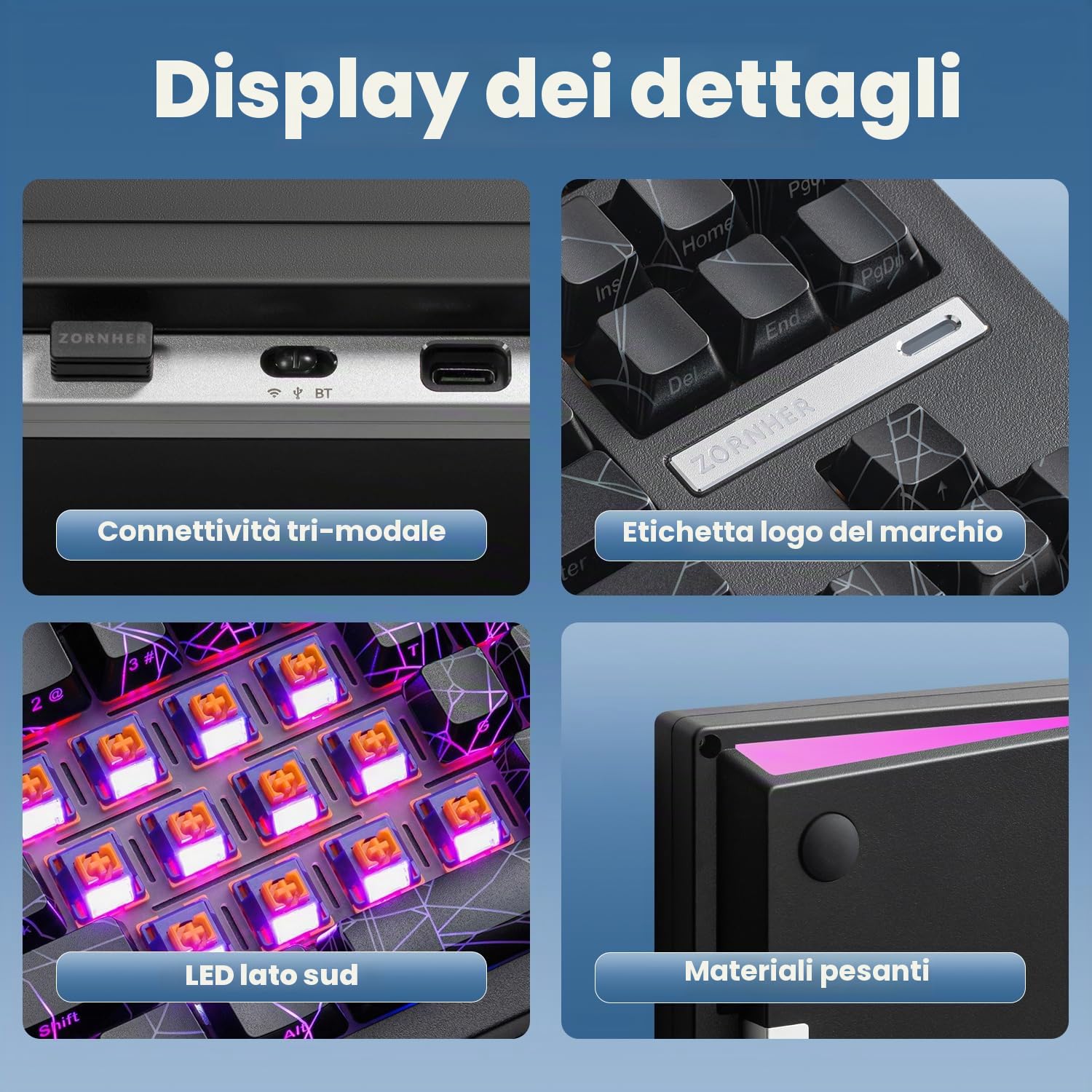 ZORNHER Tastiera meccanica da gioco wireless ZH870, 80% nera con suono cremoso personalizzato con tasti Spider Web IMD PC, interruttori lineari dal suono cremoso, hot-swap, retroilluminazione RGB, 2,4