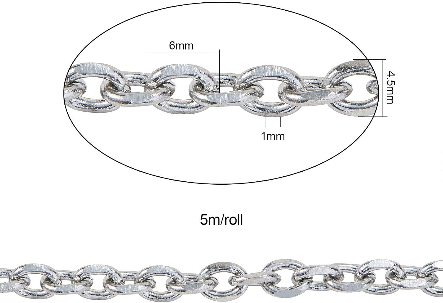 LiQunSweet 5m (16.4 Ft) Unfinished Stainless Steel Cable Chains Diamond Cut Chains Unwelded for Necklace Bracelet Jewelry Making - 6x4.5mm