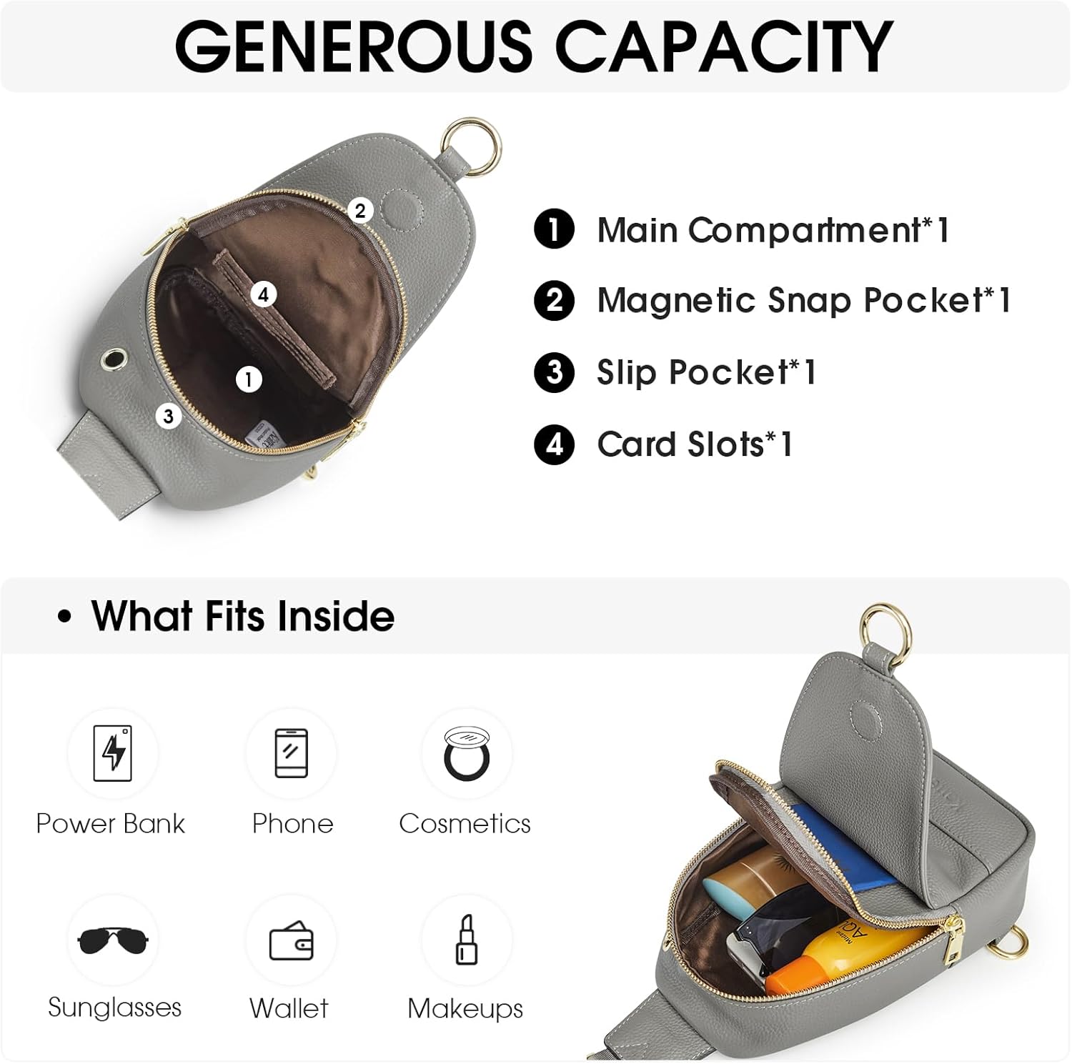 Kattee Leather Sling Bag for Women, Womens Leather Fanny Crossbody Purse for Travel，Small Sling Bag with RFID Blocking | Small, with RFID Blocking - Image 4