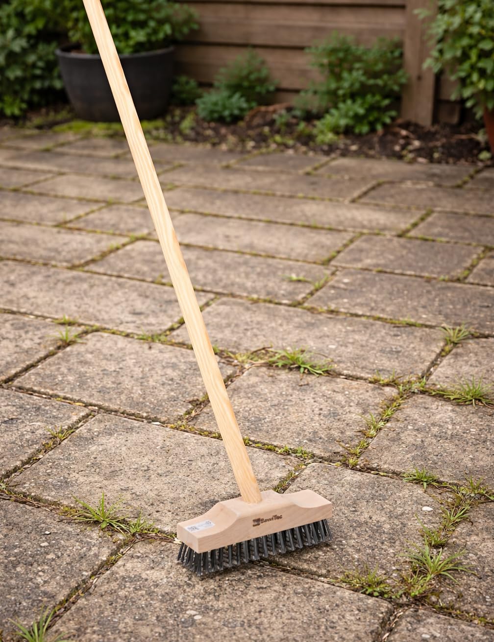 BawiTec Stahldrahtschrubber 22cm mit Holzstiel 140cm Drahtbesen Stahlschrubber Drahtborsten Kratzschrubber für Garten, Haus, Hof, Werkstatt, Gewerbe