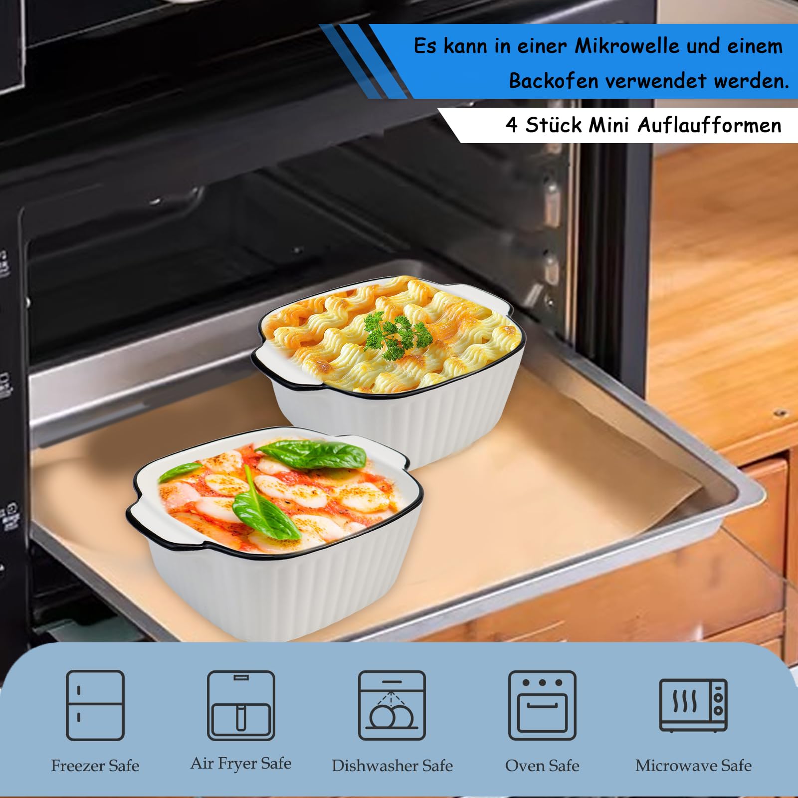 Teglia da forno in ceramica, 400 ml, set da 4 pezzi, piccole pirofile, con manici, 14,9 x 11,5 x 5,7 cm, piccola teglia in ceramica, per forno, microonde