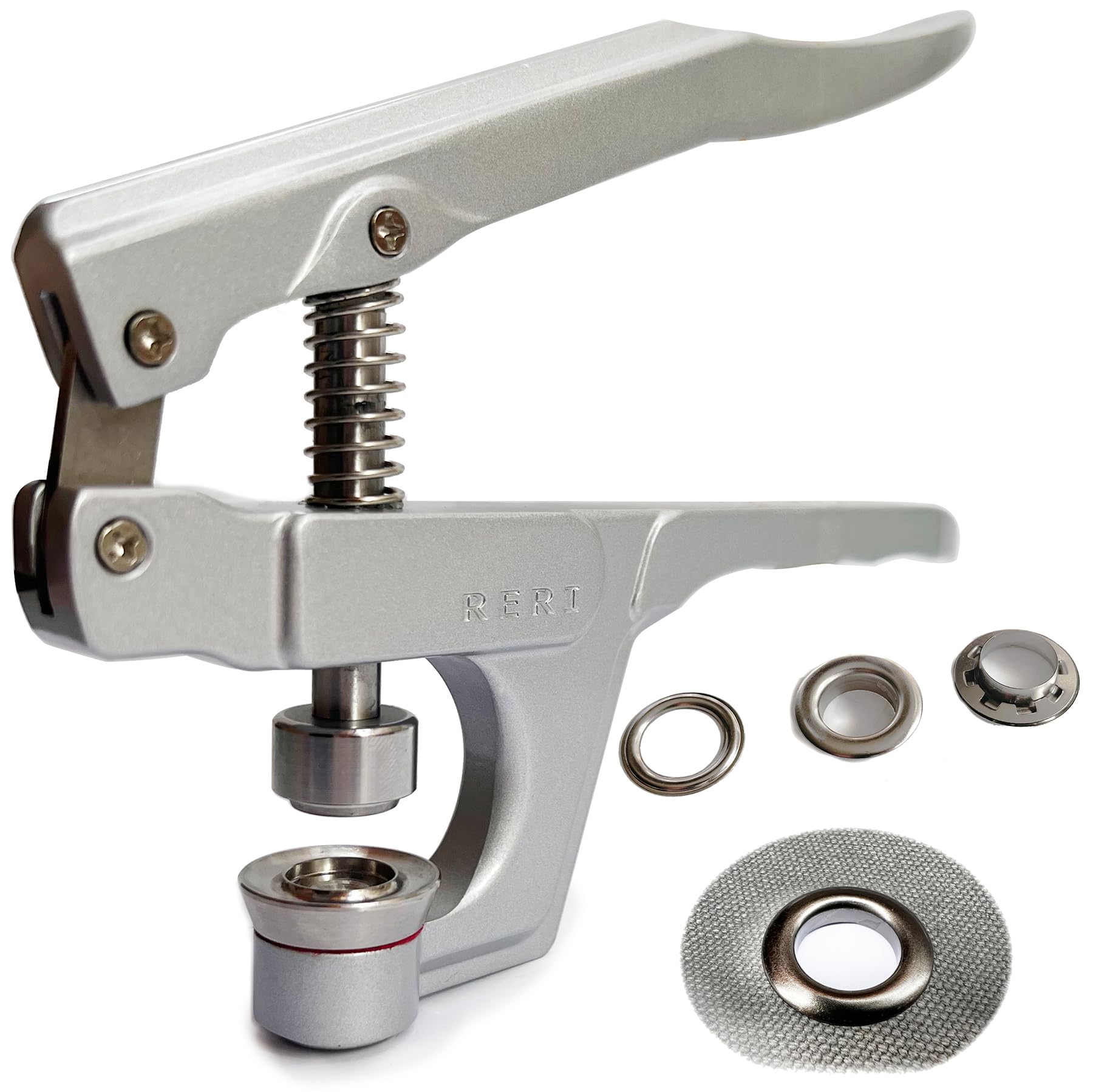 RERI Set di 100 occhielli da 14 mm, con utensile, pinza per occhielli argentati, con strumento di regolazione per lacci, vestiti, zaino, pelle di scarpe