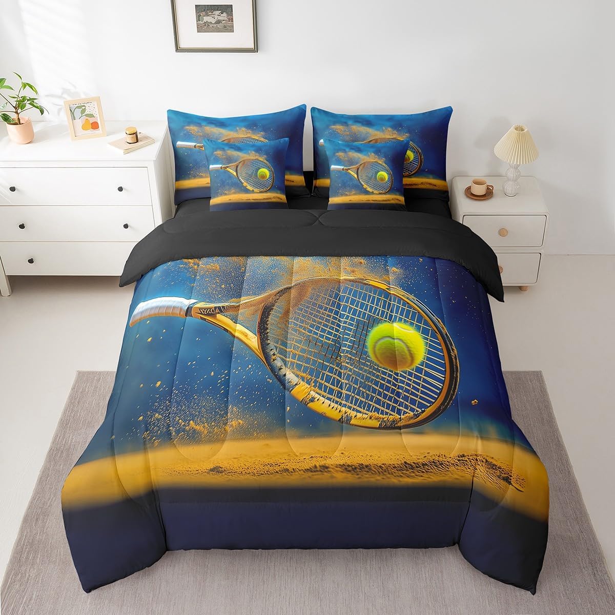 Tennis Queen Comforter Set with Sheets Bed in a Bag 7 Pcs,Modern Kids Men Ball Race Bed Set,3D Realistic Tennis Rackets Ball Bedding Sets with Comforter,Flat,Fitted Sheet,Pillowcases,Pillow Covers