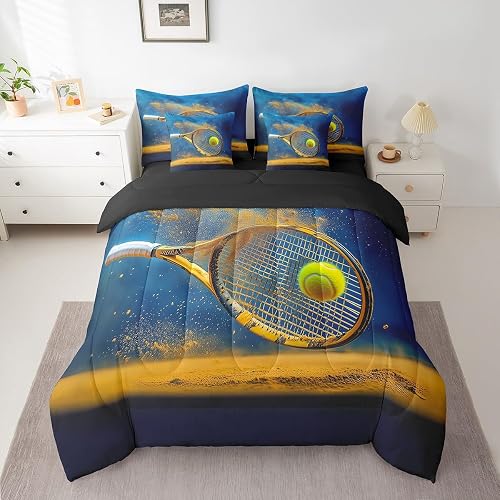 Tennis King Comforter Set with Sheets Bed in a Bag 7 Pcs,Modern Kids Men Ball Ra