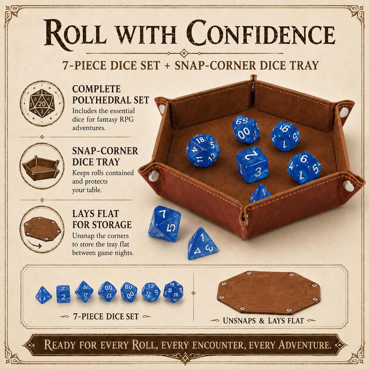 Path Gaming Kit completo di gioco di ruolo da tavolo con tabellone da gioco cancellabile a secco e bagnato, 20 mini fantasy unici, dadi poliedrici da 7 pezzi e vassoio per dadi per campagne 5E e Game | Tabellone da gioco cancellabile a secco/bagnato, 23 x