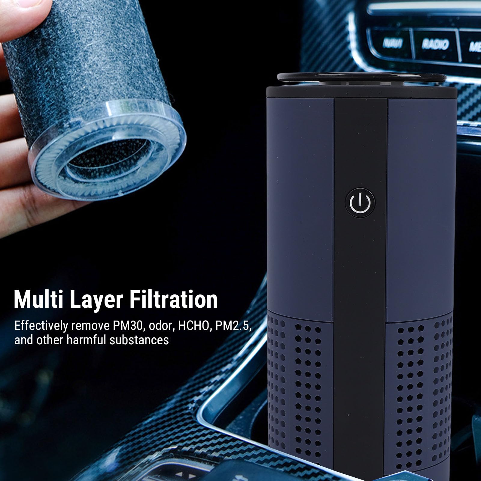 Qcwwy Purificatore D'aria Portatile per Auto, Purificatore D'aria con Ricarica USB Senza Fili con Flusso D'aria a 360 Gradi, Filtro HEPA per Rimozione Odori di Polvere di Fumo e Animali (blu scuro)