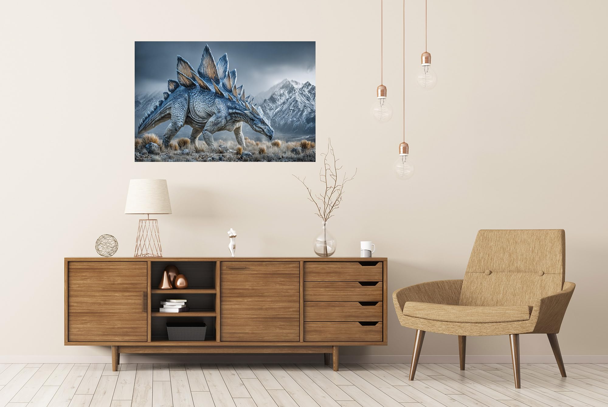 islandburner Poster mural de qualité supérieure - Motif stégosaure - Paysage de montagne impressionnant - Grand format