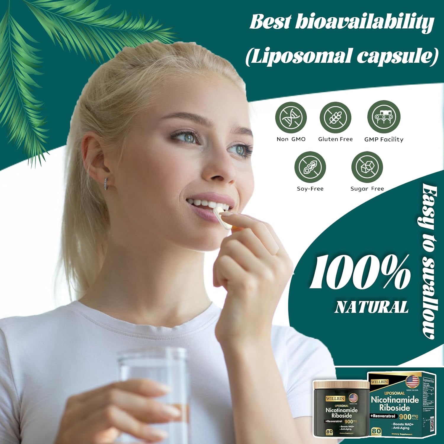 Liposomal NAD+ Supplement, Nicotinamide Riboside with Resveratrol, NAD Nicotinamide Riboside Boost Energy Focus Anti-Aging for Women & Men - 80 Vegan Capsules - Image 3