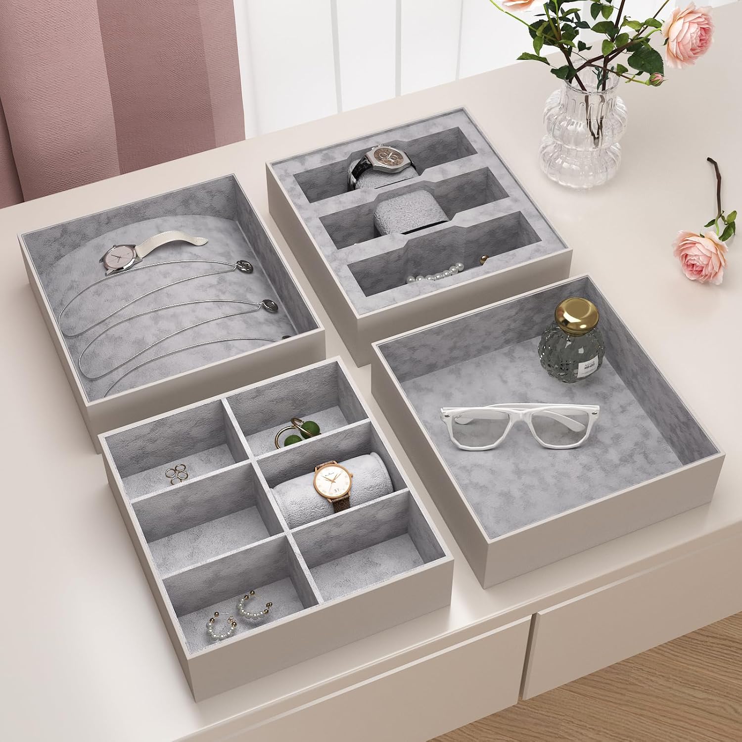 Grey Velvet Fabric Wallpaper Self Adhesive Soft Felt Fabric Liners for Drawer Jewelry Box 15.7"x160" Velvet Flocking Shelf Liner Peel and Stick Grey Felt Sheets for Cabinets Room DIY Project