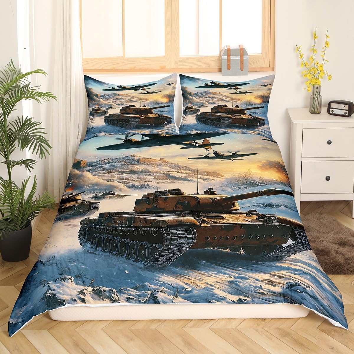 Camouflage Tank Duvet Cover Set Twin Size Fighter Airplane Bedding Set 2pcs for Kids Teens Modern Military Lover Comforter Cover 3D Army Tank Quilt Cover,1 Pillowcase(Not Comforter)