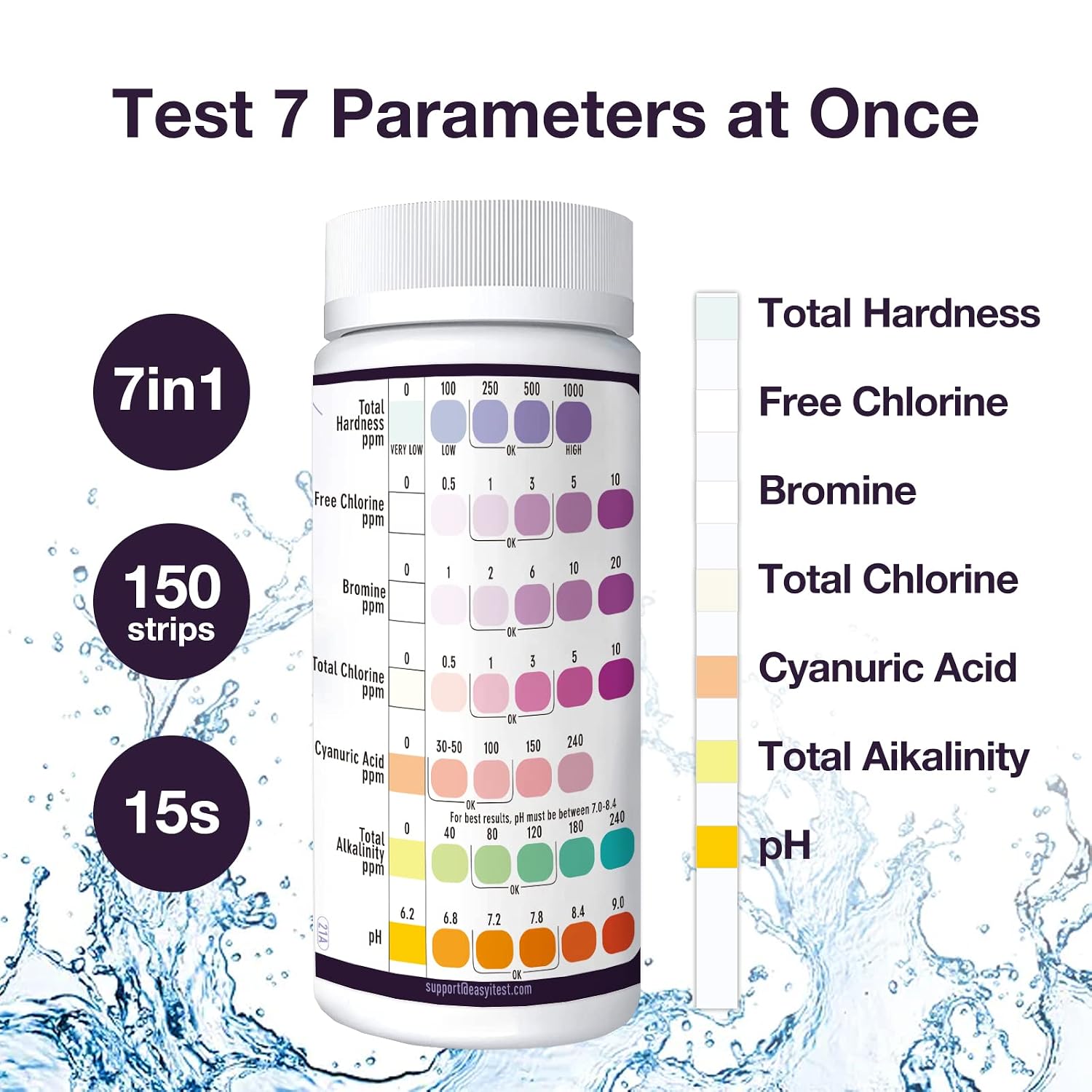 EASYTEST 7-Way Pool Test Strips, 150 Strips Water Chemical Testing for Hot tub and Spa, Accurate Test Bromine, Total Alkalinity, pH, Free Chlorine, Total Hardness, Cyanuric Acid, and Total Chlorine