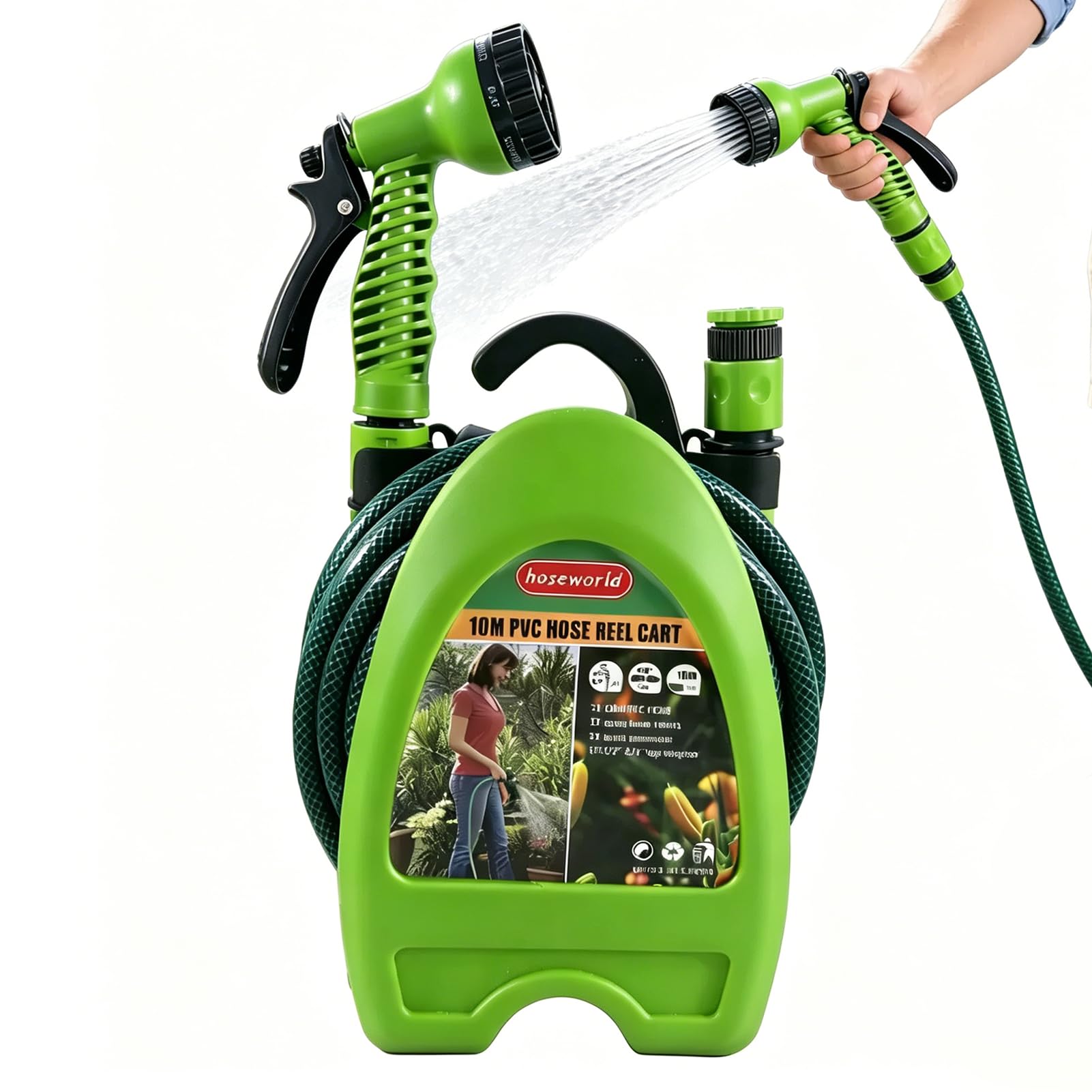 Avvolgitubo da giardino 10 m (ø 15 mm), tubo flessibile per acqua con guida per tubo, ugello e raccordi, 2 in 1 come tubo retrattile autoportante o montato a parete per uso generale