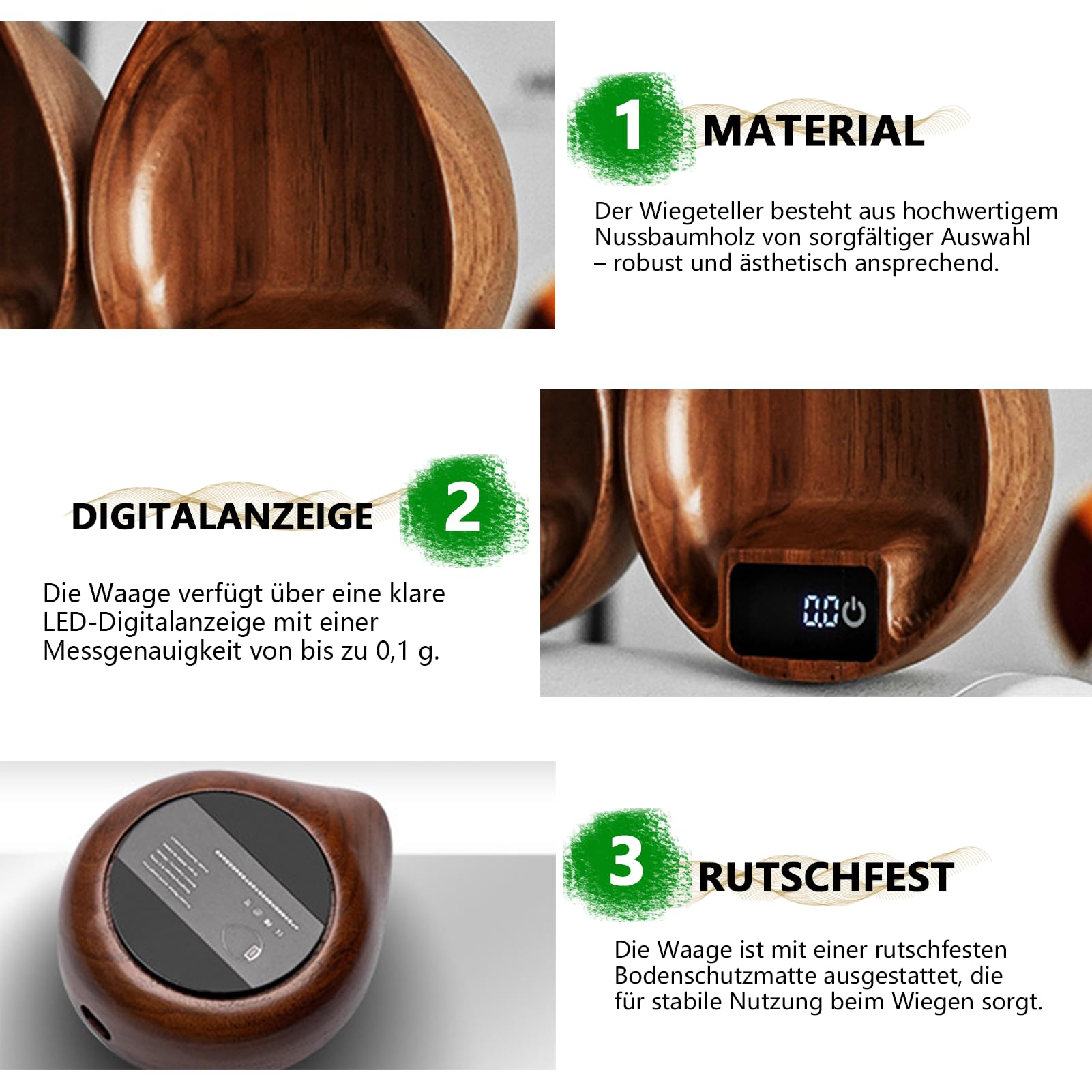 Tragbare Kaffeewaage,Kaffeebohnenwaage,0,1 g Walnuss Präzisions-Digital-Espressowaage,1kg Hochpräzise Küchenwaage Kaffee Zubehör,mit HD LCD Display zum Wiegen und Dosieren