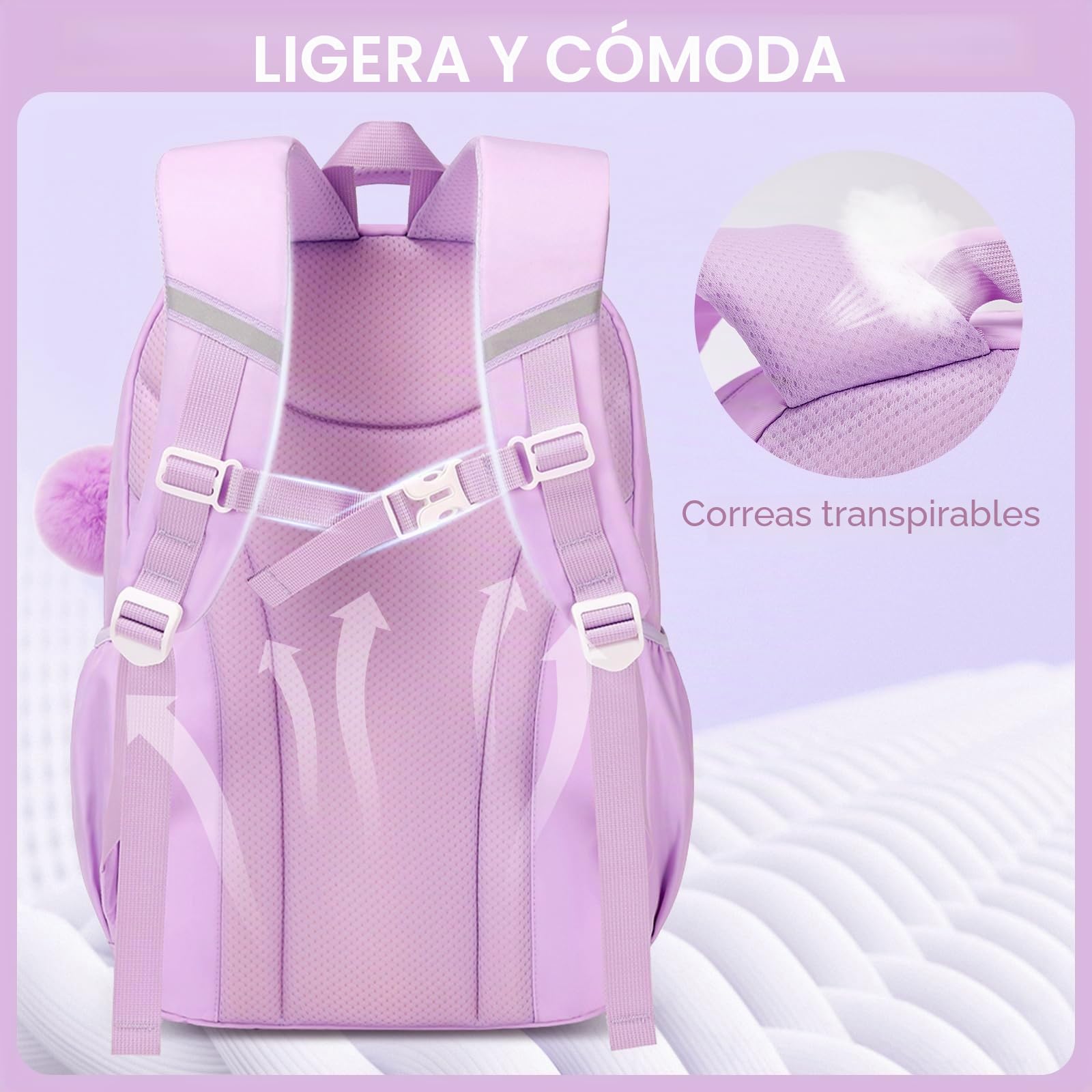 Amythe Mochila Escolar Niña, Mochilas Primaria Escolares Transpirable para Infantil Niñas de 8 10 12 Años, Kawaii Mochila Chicas Colegio con Colgante, Morado
