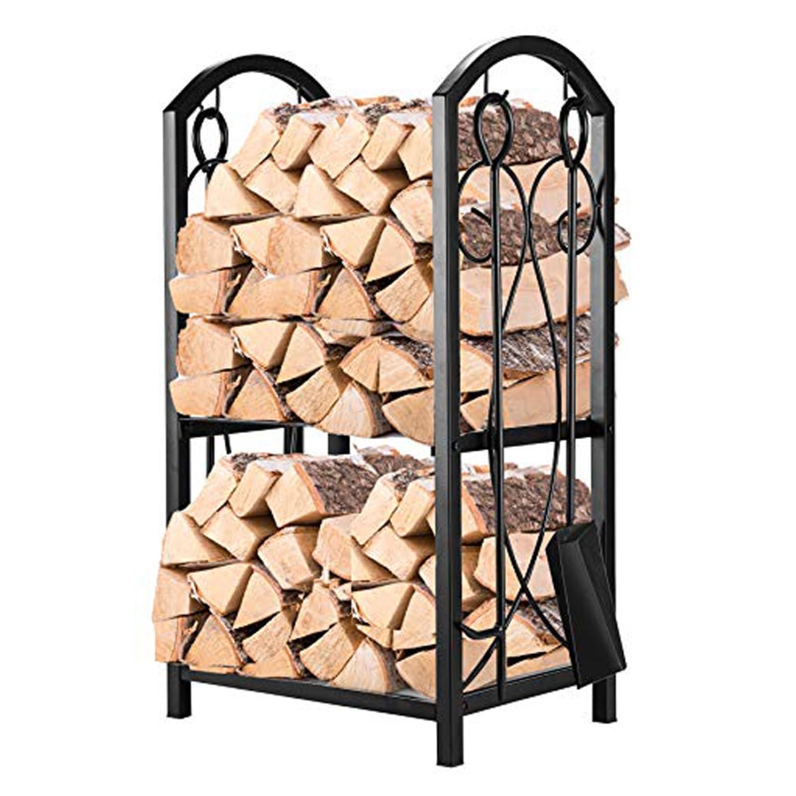 Portalegna da ardere in metallo a due livelli con 4 set di attrezzi per camino, robusto scaffale per legna da ardere per camino, legna/terrazza