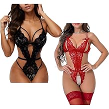 txsrbsj Sexy Women Lingerie High Cut Babydoll One-Piece Womens Lingerie Teddy Lace Bodysuit with stockings for Valentines Day