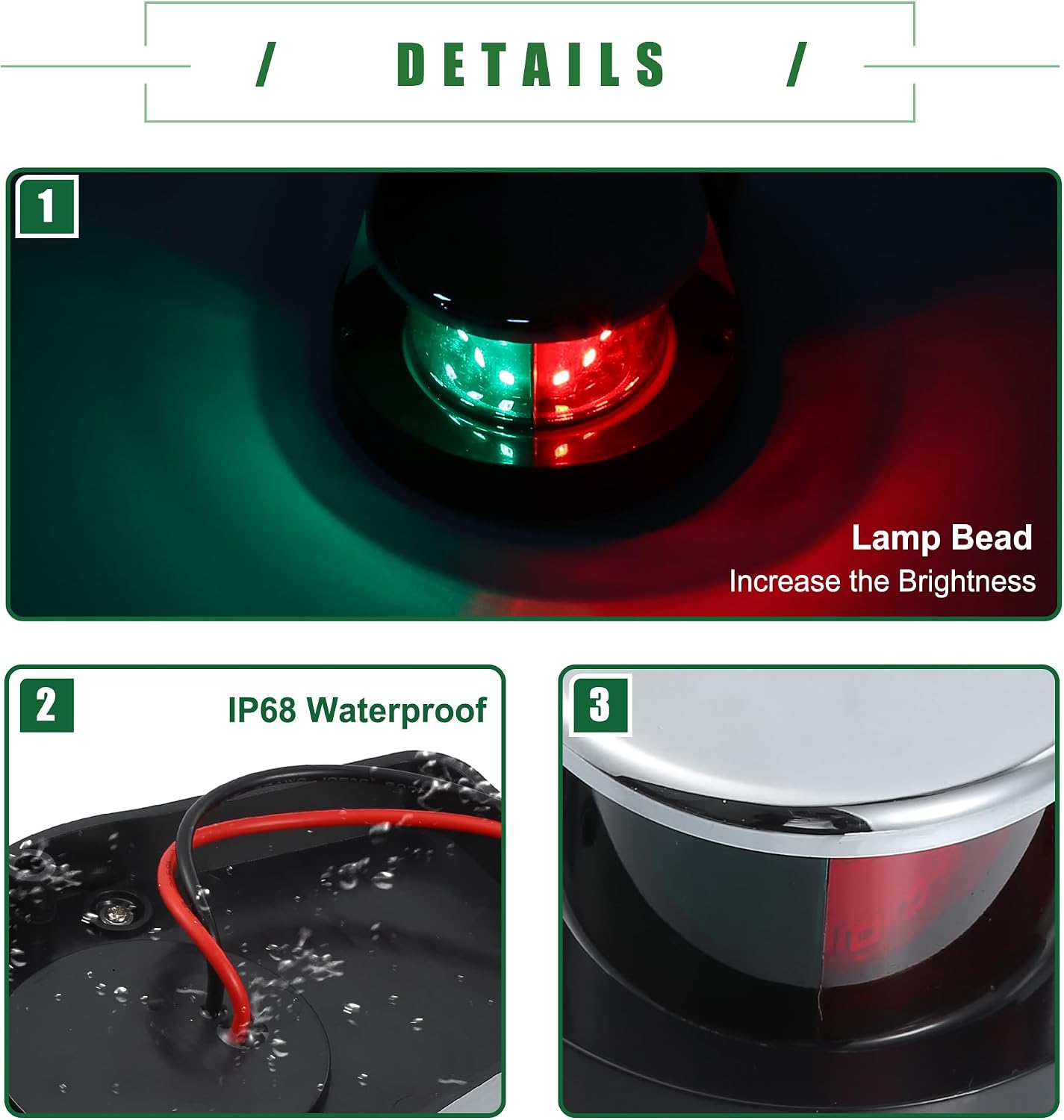 Motoforti Universal Interior Boat Navigation Lights, LED Marine Boat Lights for Pontoon Boat, Waterproof, Metal ABS, Red Green