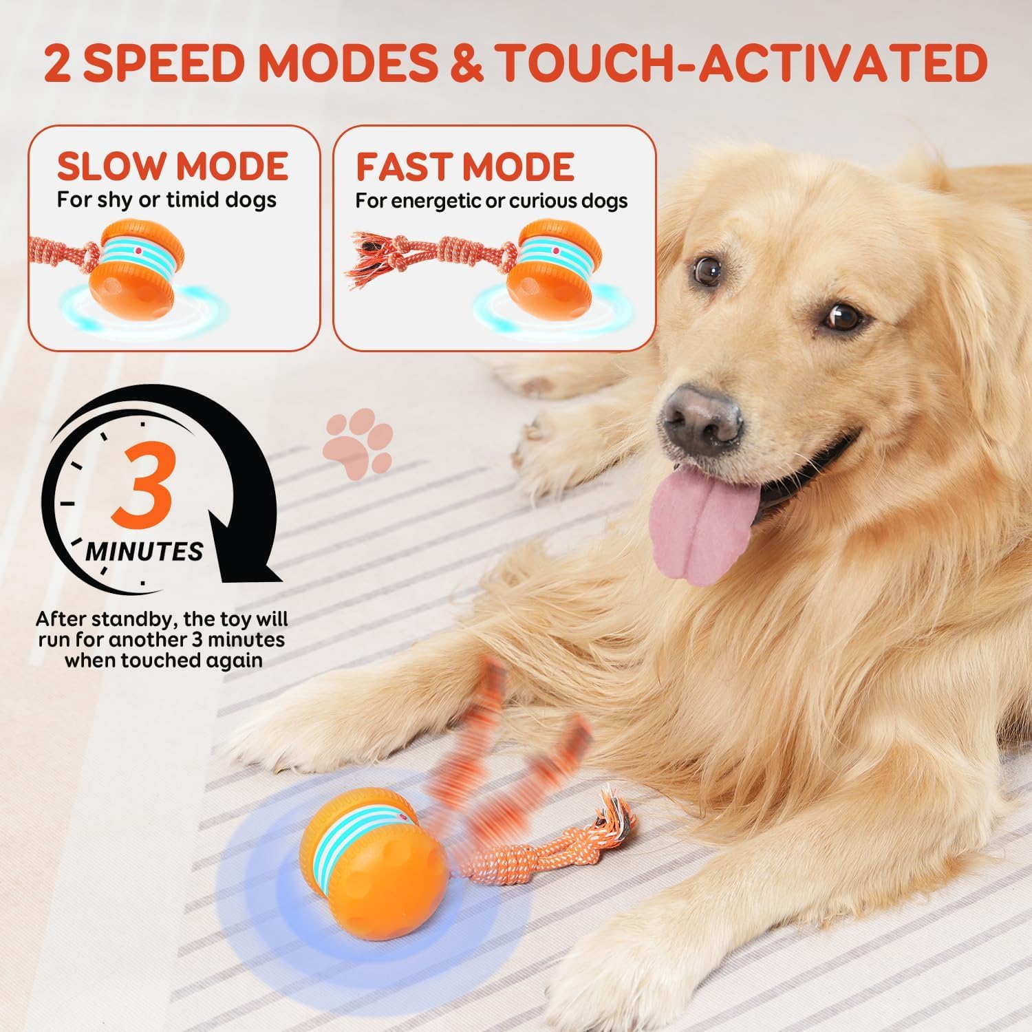QGI Interactive Dog Toys, Random Path Electric Automatic Moving and Rolling Dogs Toy with Rope for Small Medium Large Dogs, Motion-Activated Dog Stimulation Toy for Boredom Relief (Orange) - image 4