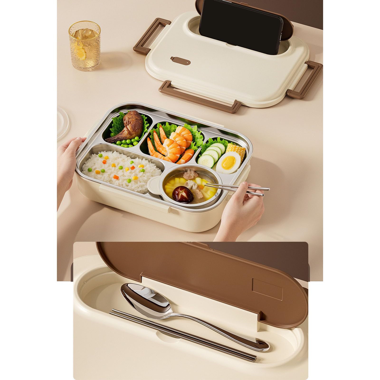 PANGBOER Térmica de Gran Capacidad con Tazón de Sopa y Cubiertos Contenedor de Alimentos de Doble Capa de Acero Inoxidable de 5 Compartimentos para Oficinas Escuela Picnic Caja de Preparación de
