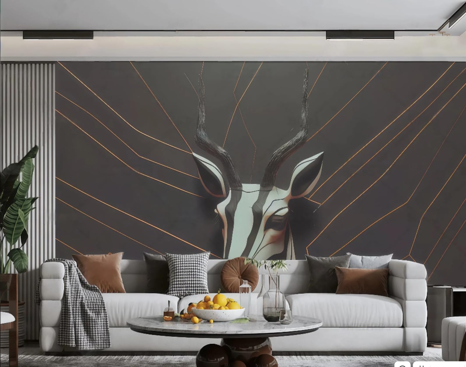 Tapeta Nowoczesna Minimalistyczna Trójwymiarowa Głowa Jelenia Biały Sztuka Geometryczna Złota Linia Malarstwo TV Sofa Tło Tapeta Salon Restauracja Kawiarnia Mural, 3D, 200 x 140 cm