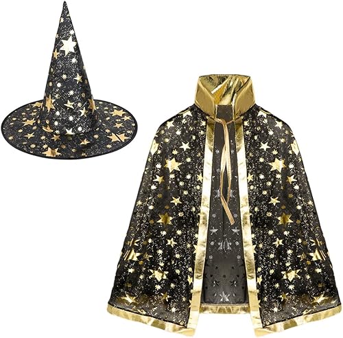 XGOPTS Juego de sombrero de capa de mago de Halloween, diseño de estrella de dibujos animados, sombrero de bruja, sombrero de Navidad, accesorios de