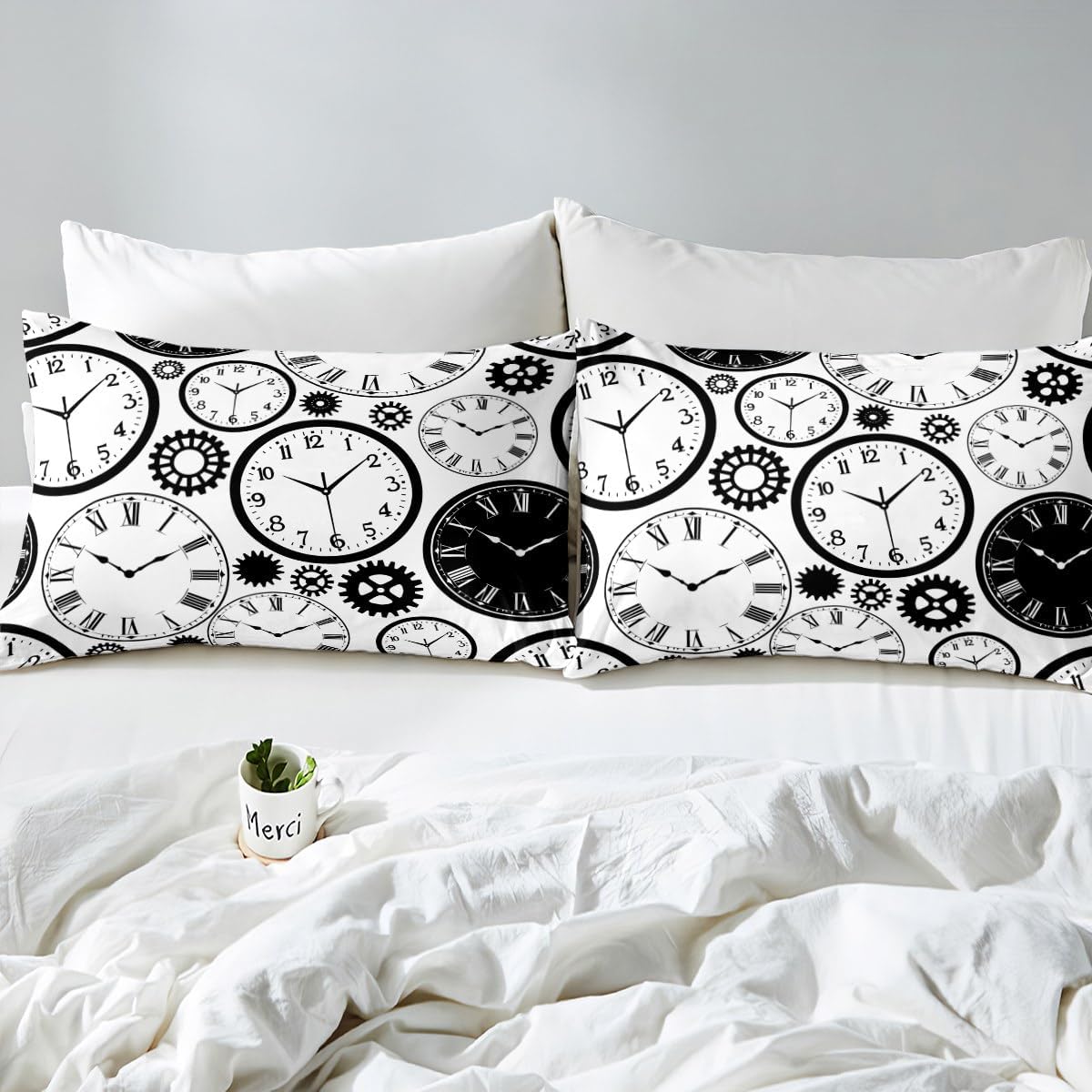 Erosebridal Timepiece Comforter Cover Clock Gears Print Bedding Set for Kids Teens Adult Men Ancient Zigzag Vintage Style Duvet Cover Retro Spiral Bedspread Cover, Black and White Twin Size