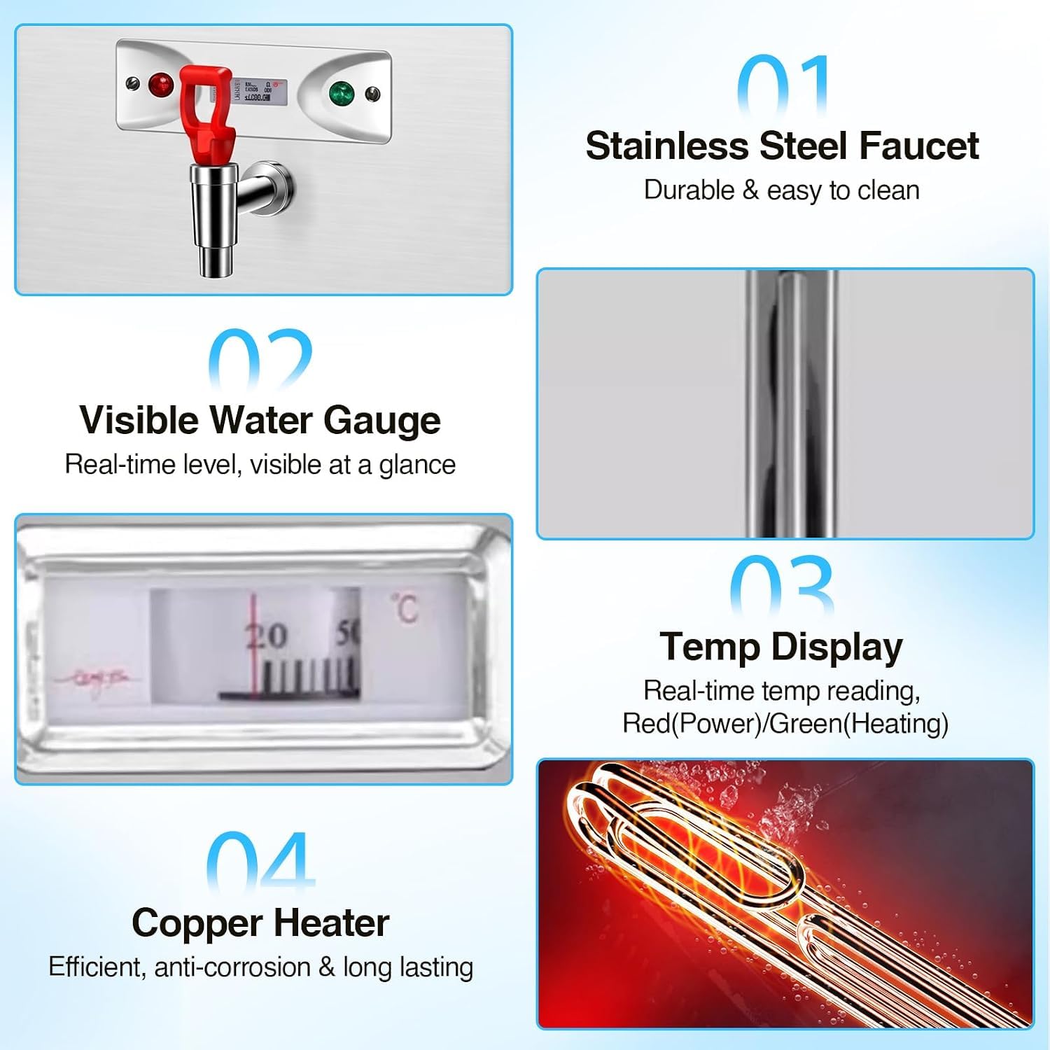 TYH Calentador De Agua Comercial De 40 litros, Dispensador De Agua Caliente Instantánea con Llenado Automático Y Grifo, con Doble Filtración, Termo De Acero Inoxidable