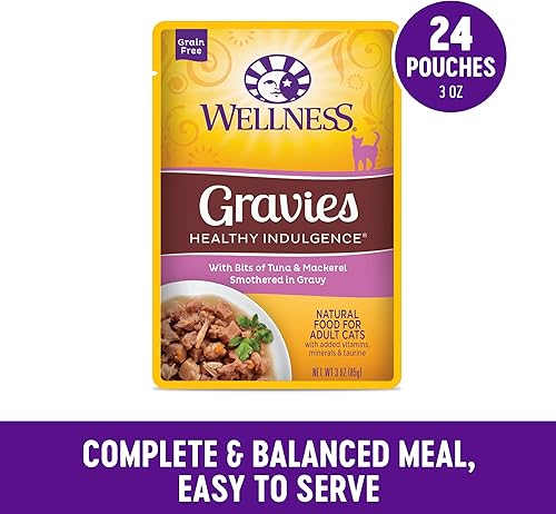 Miniatura 3 de Wellness Healthy Indulgence Gravy Adult Wet Cat Food, Natural, Protein-Rich, Grain Free, 3 Ounce Pouch, 24 Pack, (Tuna & Mackerel)