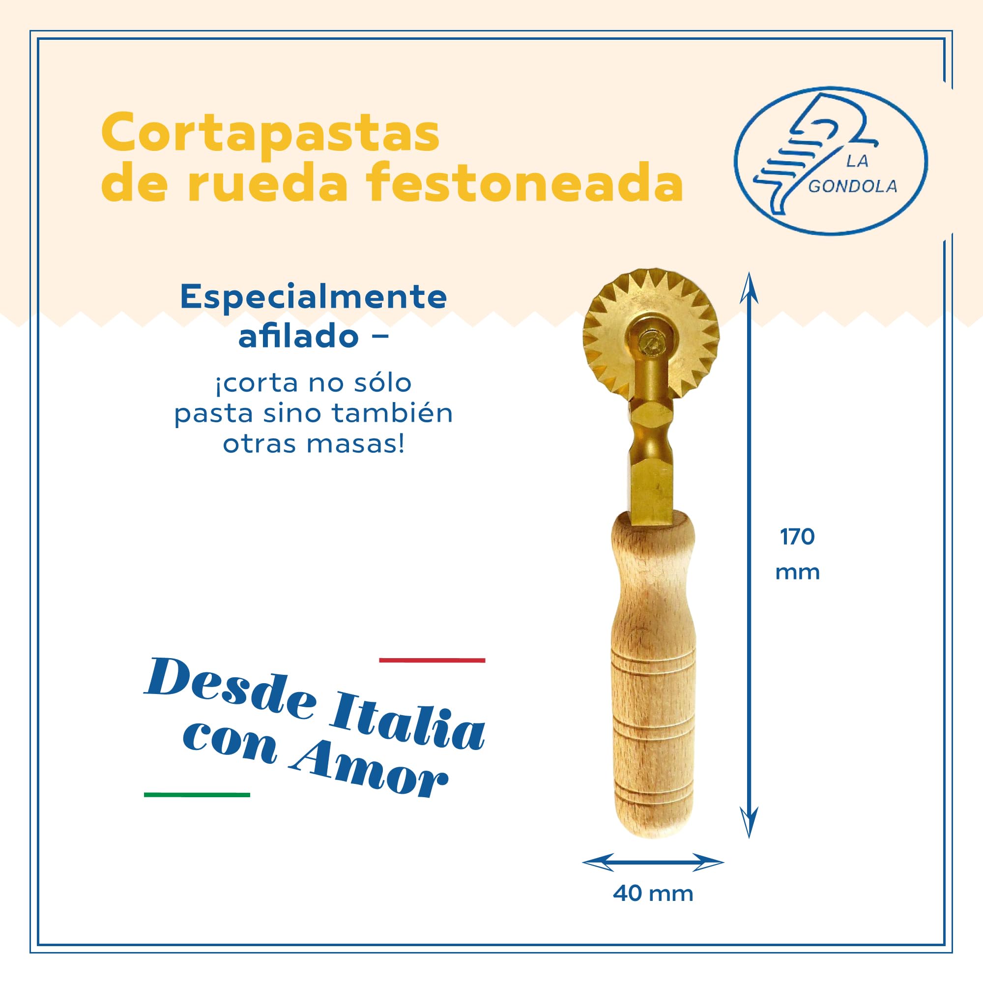 La Gondola Cortador de Pasta Casero - Rueda Festoneada | Utensilios para Pasta Fresca para Casa y Negocio | Latón y Madera | Cortapastas Seguro y Fácil de Usar | Cortador de Raviolis