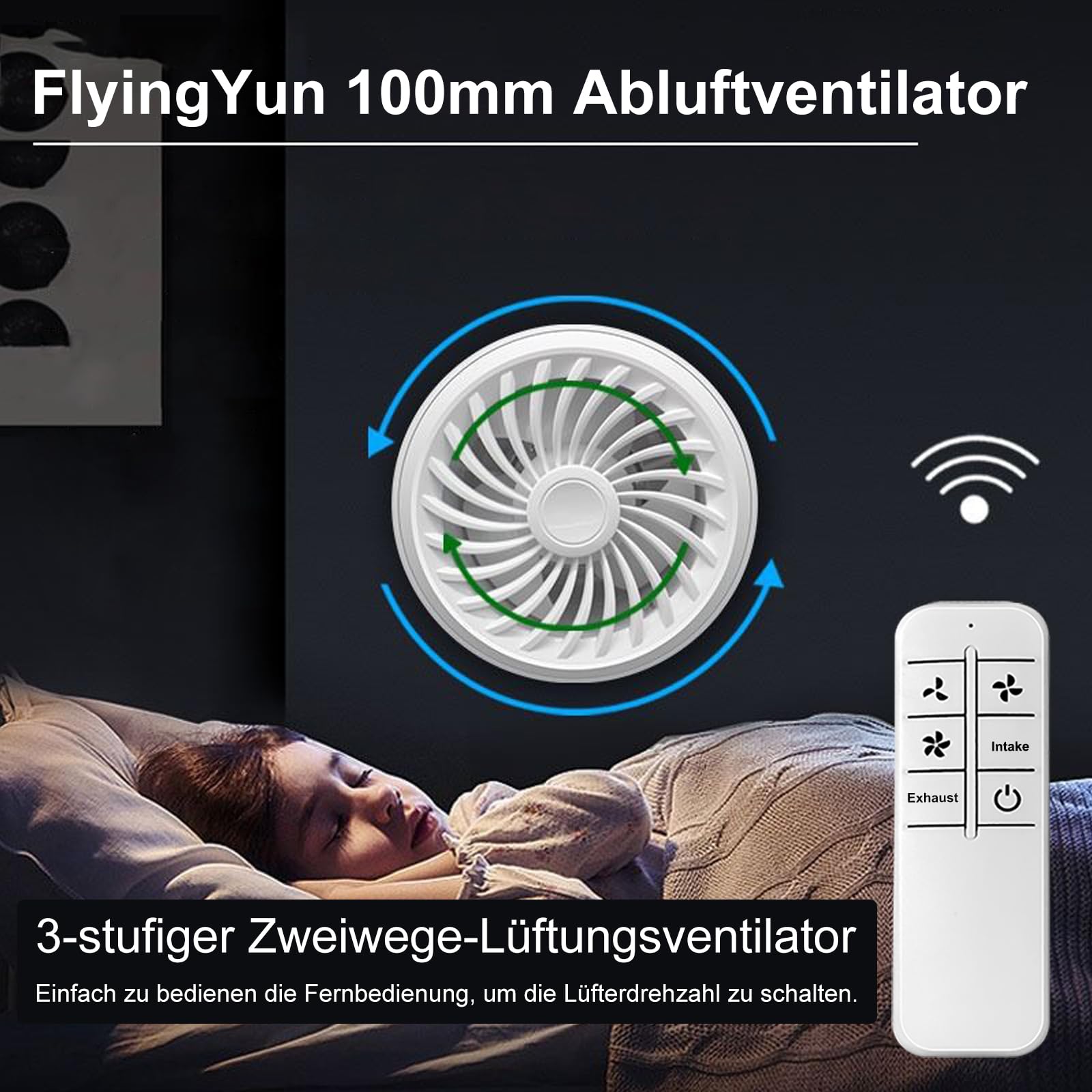 100mm Abluftventilator 160m³/h 4W, Zwei-Wege-Umkehrventilator mit 3 Geschwindigkeiten einstellbar, RC-Ventilator für Küche, Bad, Dachboden, Fenster, Keller