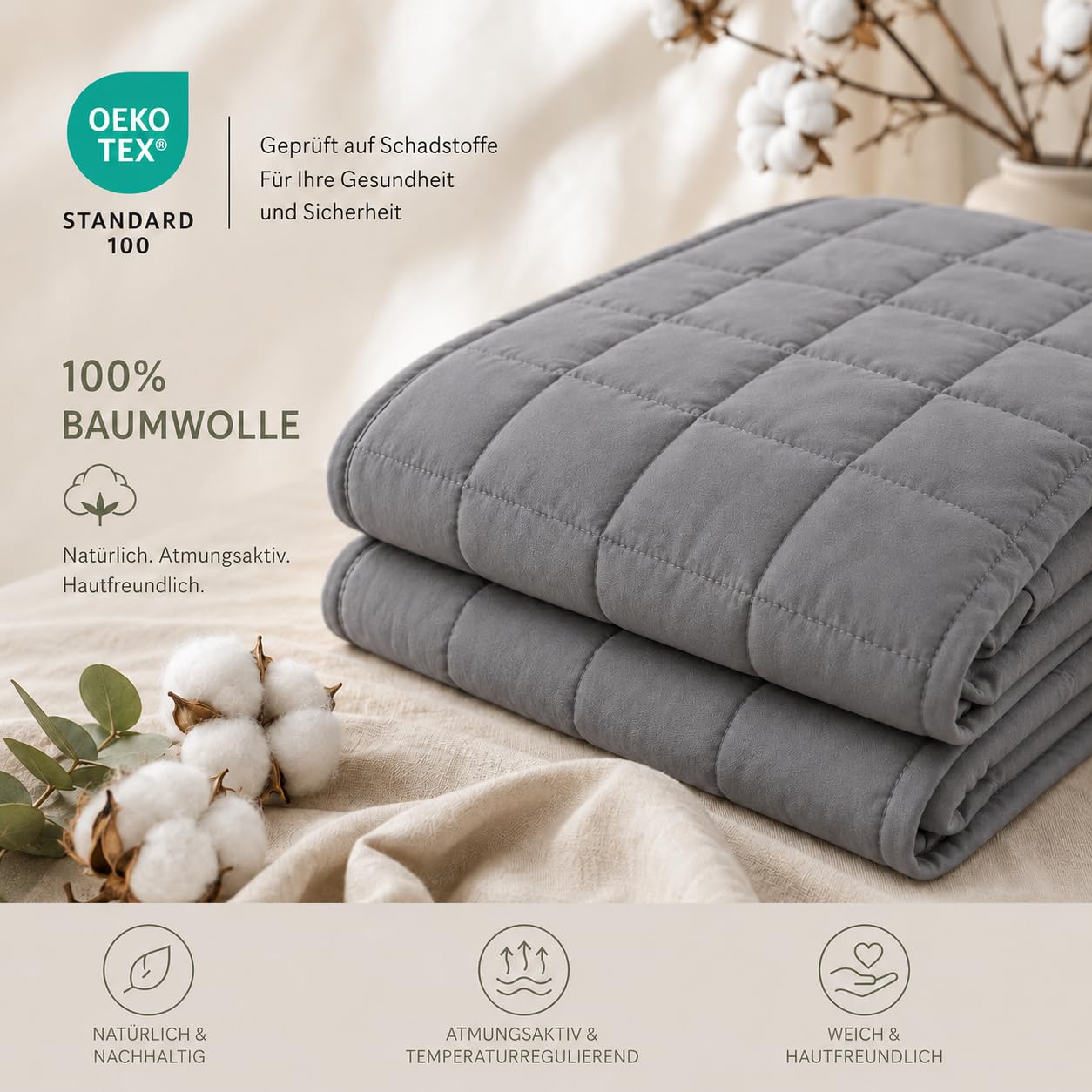 Gewichtsdecke 135x200cm 7kg 100% Baumwolle Oeko-Tex Zertifiziert Grau