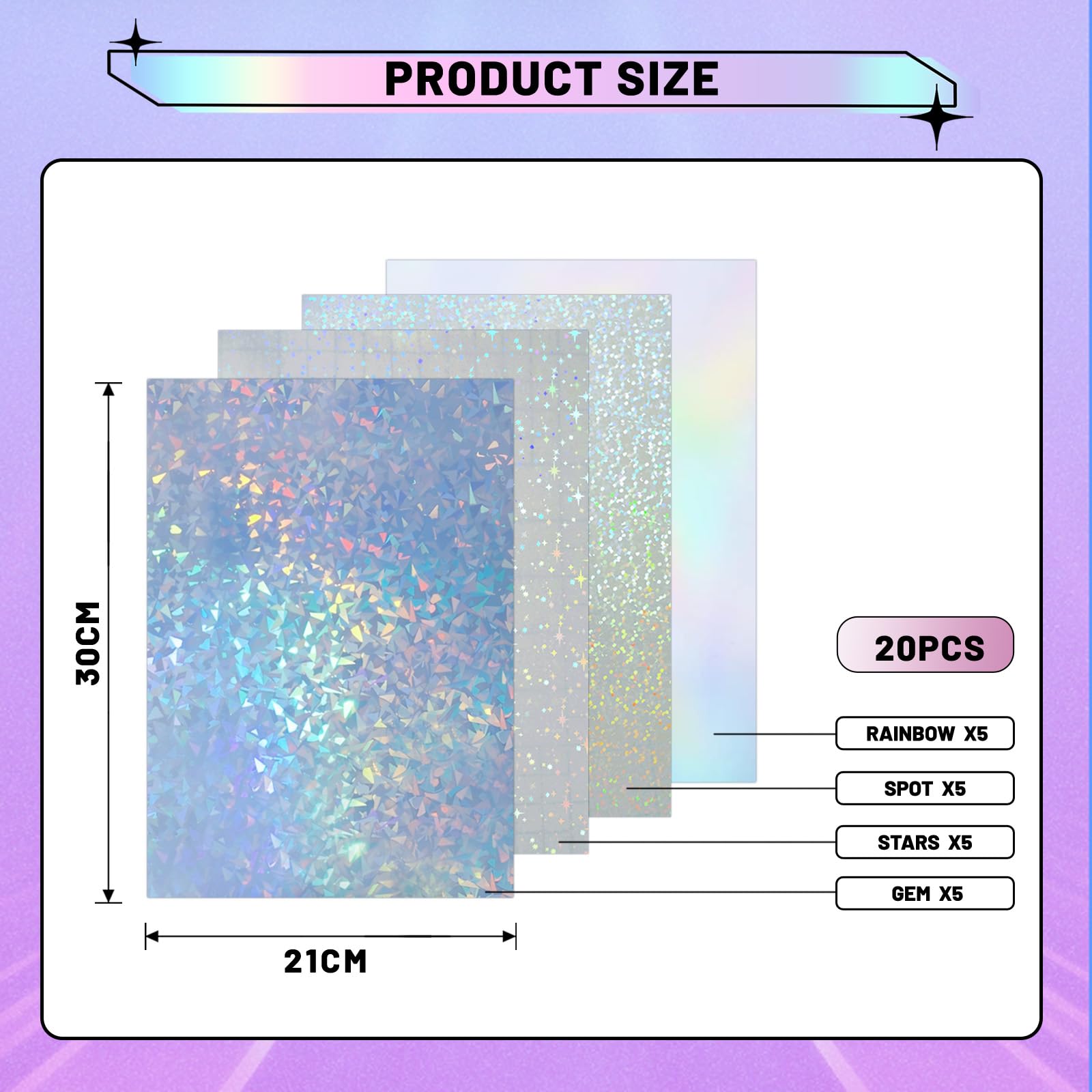 32 Blatt Holografische Folie A4, 8 Verschiedene Glitzer-Muster – Selbstklebend, Transparent & Wasserdicht Für DIY & Deko