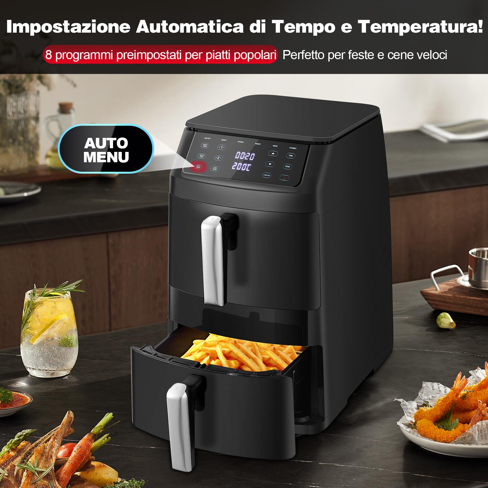 TopStrong Friggitrice ad Aria Doppio Cestello, 11 Litri Verticale Air Fryer 2 Cestelli, 40-220℃, 6 Funzioni & 8 Programmi Di Cottura Automatici, Dietetica, Compatta, 2500W, Fino a 8 Persone, Nero