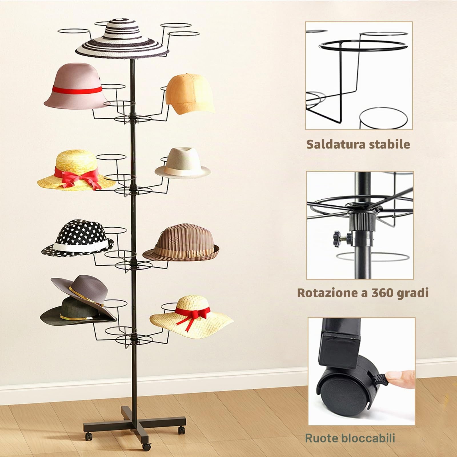 Supporto per cappelli a 5 piani, supporto girevole per parrucche, supporto per cappello, supporto per parrucche, in metallo, per cappelli, guardaroba