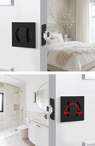 Miniatura 8 de goldenwarm Cerradura de puerta cuadrada negra mate, herrajes para puerta de bolsillo para orificio redondo de 2-18 pulgadas, manijas de puerta de