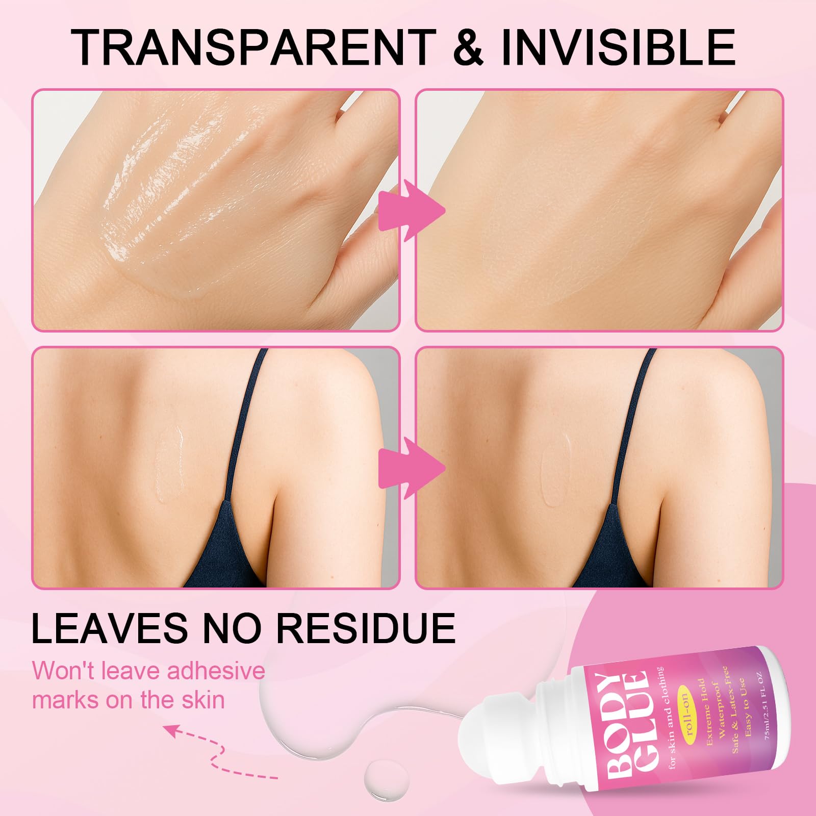 Strong Hold Body Glue for Skin and Fabric, Roll On Clothing Adhesive for Dresses and Dance Costumes, Sweat Resistant Fashion Glue for Socks, Strapless Tops, Performance Wear, 75ml - 4