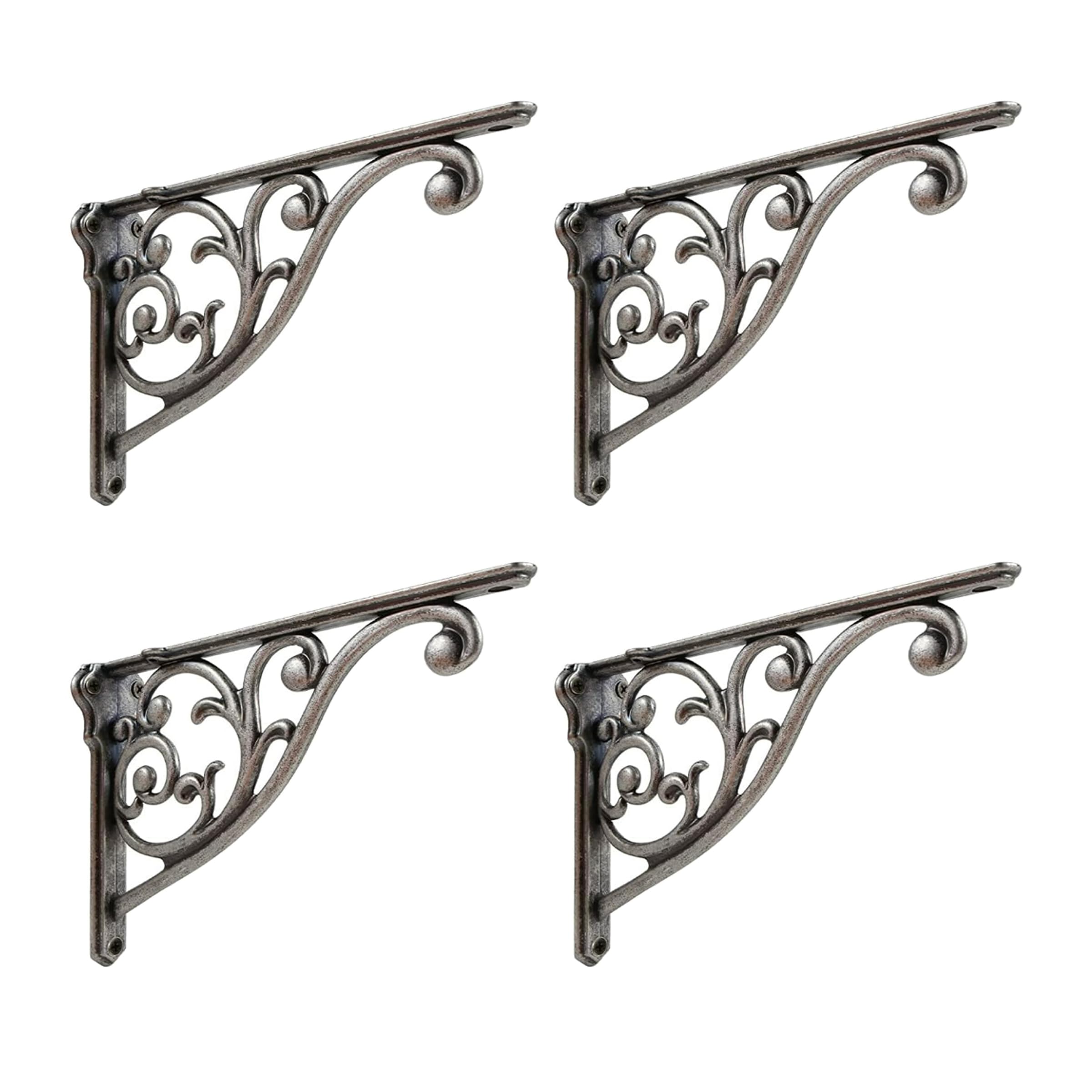Shelf Brackets 4 Inch 4 Pack Heavy Duty Antique True Silver Wall Bracket Victorian Kitchen Decorative Rack Shelves, Shelf Bracket Available in 8 finishes. (4, Antique True Silver)