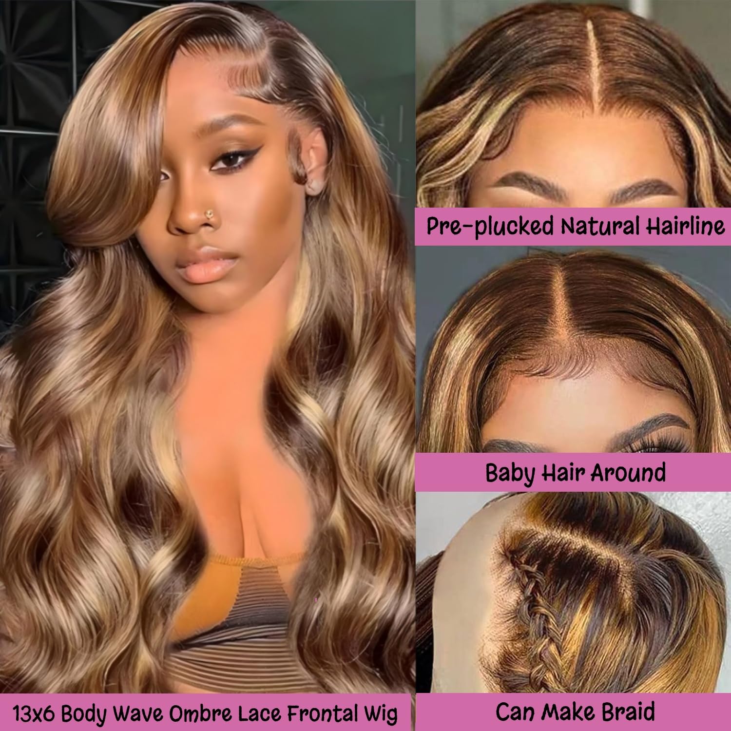METDIO 20 Inch Highlight Ombre 13x6 Lace Front Wig Human Hair 180 Density Body Wave Honey Blonde Glueless HD Transparent Lace Frontal Wigs for Women 4/27 Colored