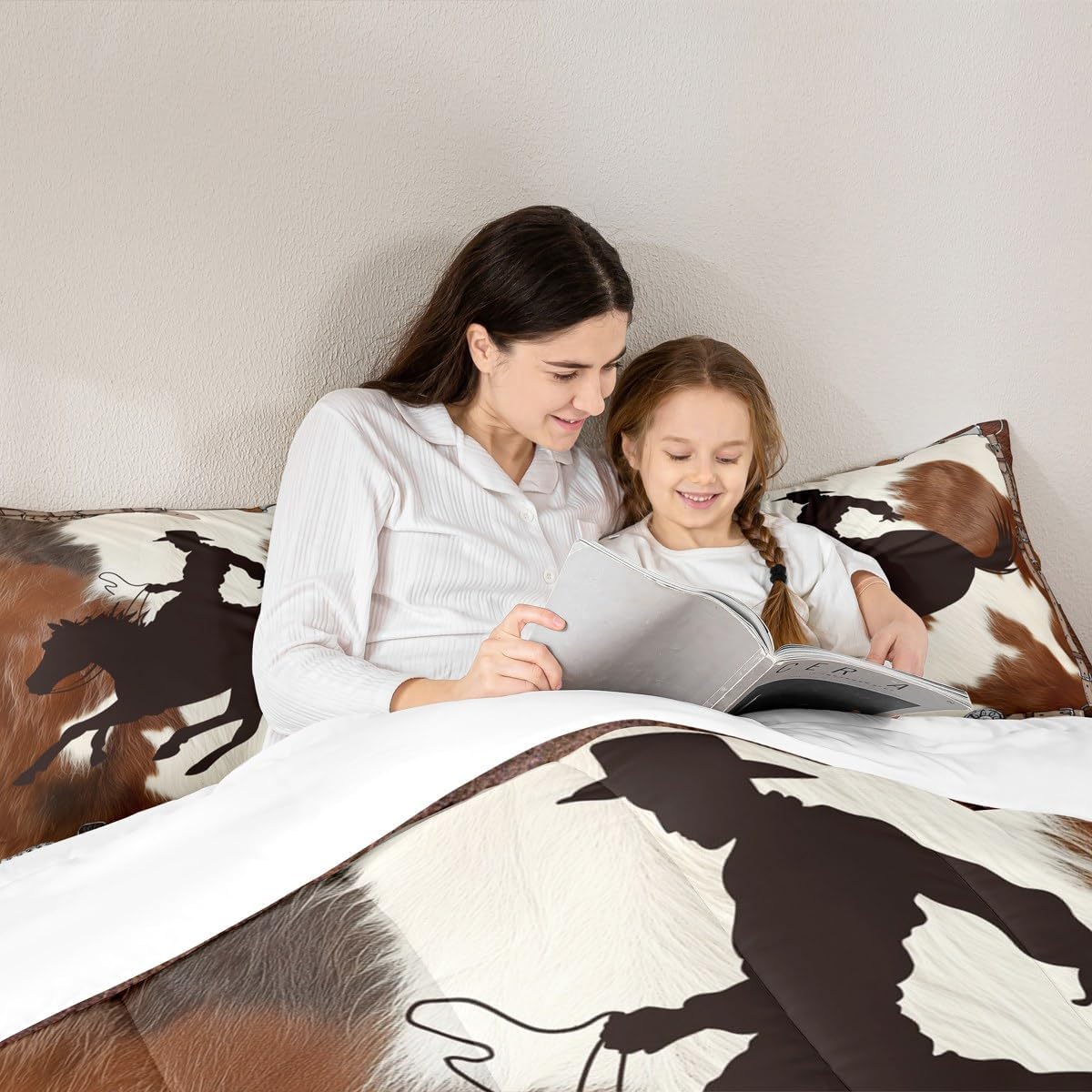 Homewish Western Cowboy Comforter Set Queen Size Brown Cow Fur Print Quilt Set Rustic Farmhouse Bedding Set 3pcs for Kids Boys Men Teens Room Decor Horse Racing Themed Duvet Insert,2 Pillowcases
